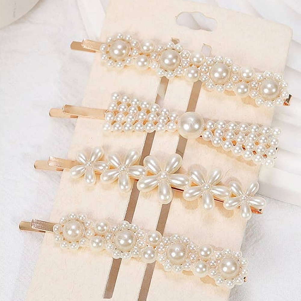 4 Cream Pearl Assorted Bow Flower Bobby Pins Hair Clips